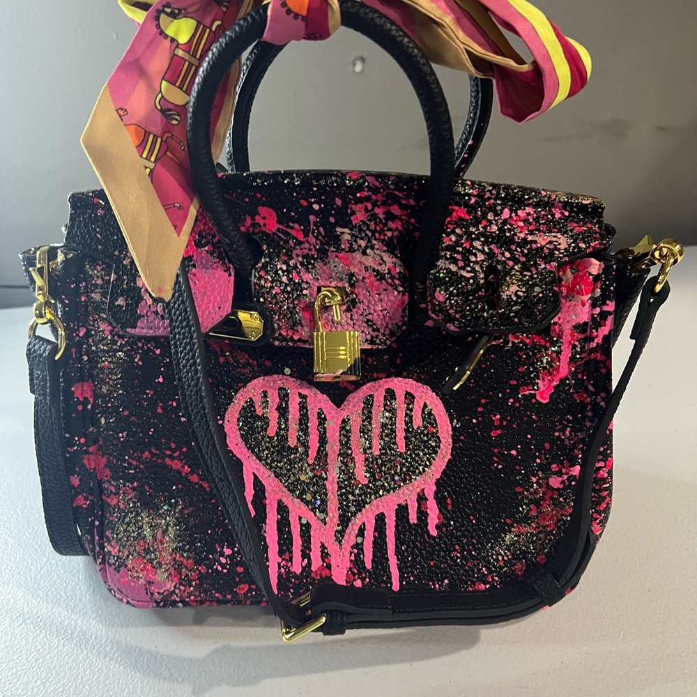 Vibrant Black and Pink Heart Design original, hand painted by Anca Barbu
